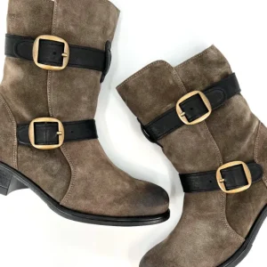Nassima Boots & Booties | The Double Belt Moto Bootie in Grey Black