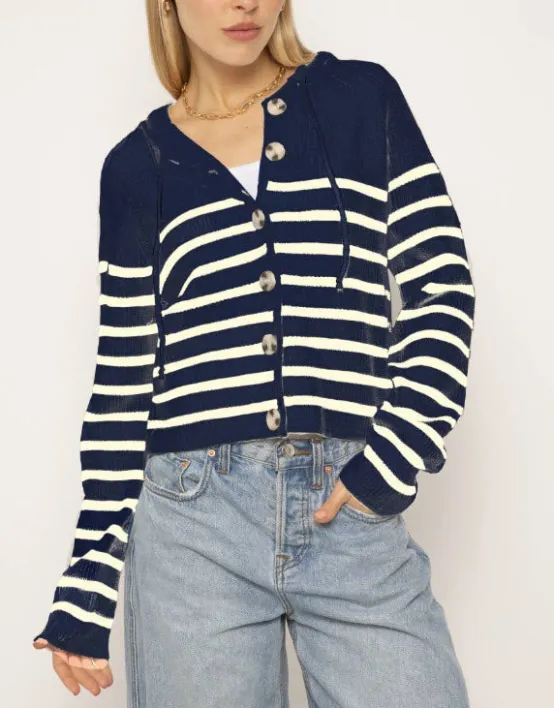 central park west Sweaters | The Stripe Hooded Cardi in Navy White